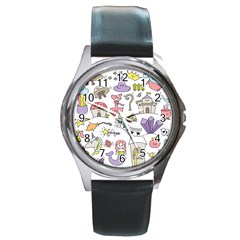 Fantasy-things-doodle-style-vector-illustration Round Metal Watch