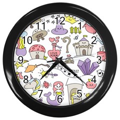 Fantasy-things-doodle-style-vector-illustration Wall Clock (Black)