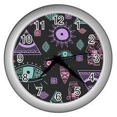 Vintage-seamless-pattern-with-tribal-art-african-style-drawing Wall Clock (silver)