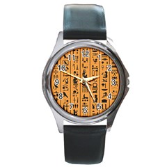 Egyptian-hieroglyphs-ancient-egypt-letters-papyrus-background-vector-old-egyptian-hieroglyph-writing Round Metal Watch