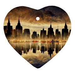 Manhattan Skyline Sunset Nyc Heart Ornament (two Sides) by Wegoenart