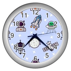 Seamless Pattern With Space Theme Wall Clock (silver) by Wegoenart