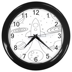 Going To Space - Cute Starship Doodle  Wall Clock (black) by ConteMonfrey