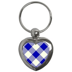 Blue And White Diagonal Plaids Key Chain (heart) by ConteMonfrey