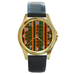 African Pattern Texture Round Gold Metal Watch