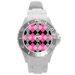 Seamless Argyle Pattern Round Plastic Sport Watch (l) by Wegoenart