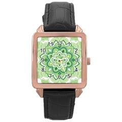 Floral-green-mandala-white Rose Gold Leather Watch  by Wegoenart