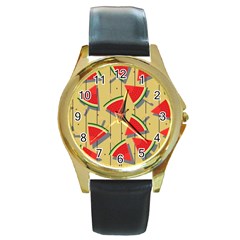 Pastel Watermelon Popsicle Round Gold Metal Watch