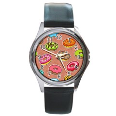 Doughnut Doodle Colorful Seamless Pattern Round Metal Watch by Wegoenart