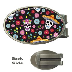 Day Dead Skull With Floral Ornament Flower Seamless Pattern Money Clips (oval)  by Wegoenart