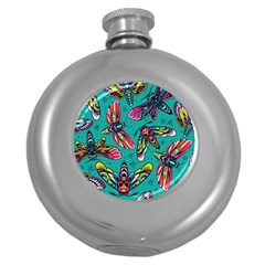 Vintage Colorful Insects Seamless Pattern Round Hip Flask (5 Oz) by Wegoenart