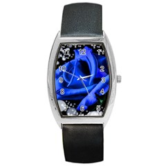 Blue Rose Bloom Blossom Barrel Style Metal Watch