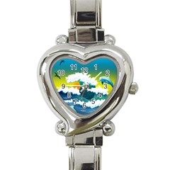 Dolphin Seagull Sea Ocean Wave Blue Water Heart Italian Charm Watch by Wegoenart
