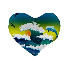 Dolphin Seagull Sea Ocean Wave Blue Water Standard 16  Premium Flano Heart Shape Cushions by Wegoenart