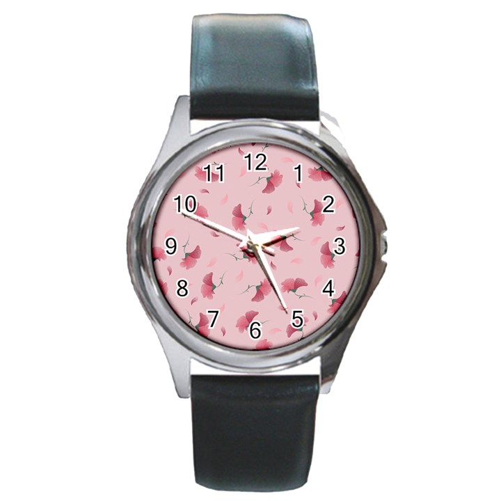 Flowers Pattern Pink Background Round Metal Watch