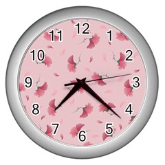 Flowers Pattern Pink Background Wall Clock (silver)