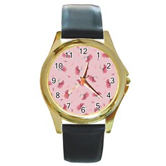 Flowers Pattern Pink Background Round Gold Metal Watch