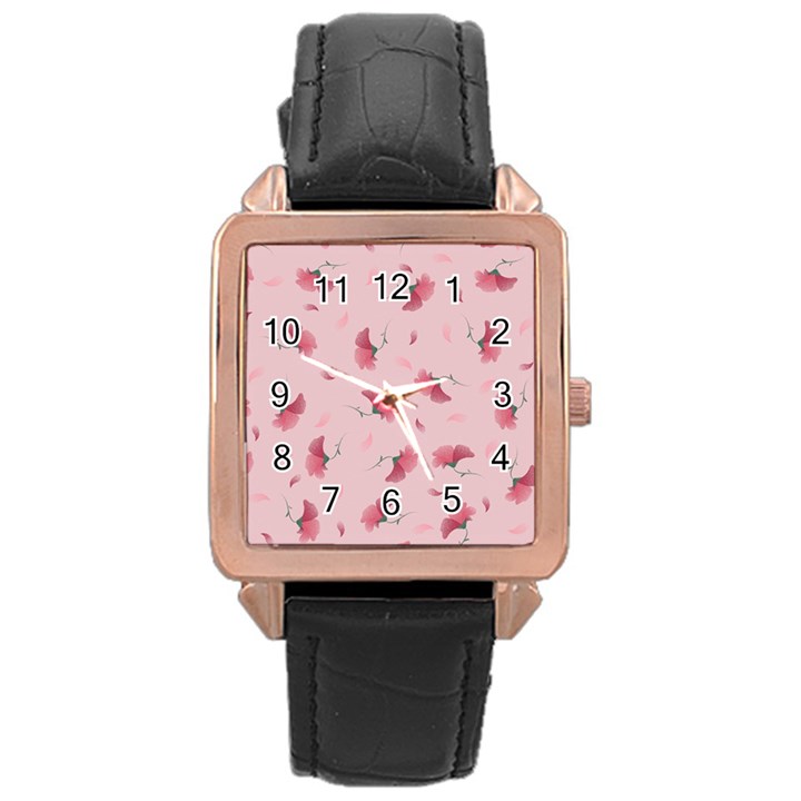 Flowers Pattern Pink Background Rose Gold Leather Watch 