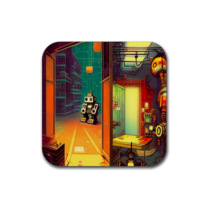 Illustration Robot Cute Sweet Futuristic Rubber Coaster (Square)