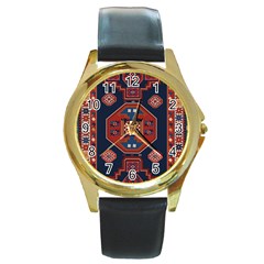 Armenian Old Carpet  Round Gold Metal Watch