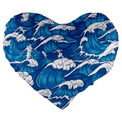 Storm Waves Seamless Pattern Raging Ocean Water Sea Wave Vintage Japanese Storms Print Illustration Large 19  Premium Heart Shape Cushions