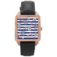 Seamless Marine Pattern Rose Gold Leather Watch 