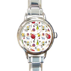 Cute Cartoon Insects Seamless Background Round Italian Charm Watch