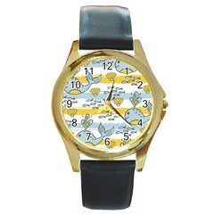 Cartoon Whale Seamless Background Round Gold Metal Watch