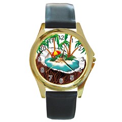 Coconut And Holiday Beach Food Round Gold Metal Watch