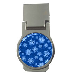 Snowflakes And Star Patterns Blue Snow Money Clips (round)  by artworkshop