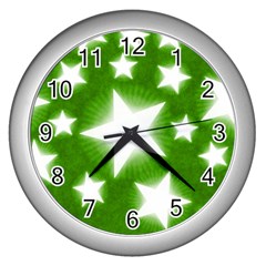 Snowflakes And Star Patterns Green Stars Wall Clock (silver) by artworkshop