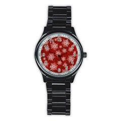 Snowflakes And Star Patternsred Snow Stainless Steel Round Watch by artworkshop