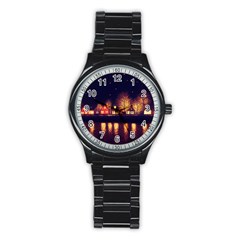 Night Houses River Bokeh Leaves Fall Autumn Stainless Steel Round Watch by danenraven