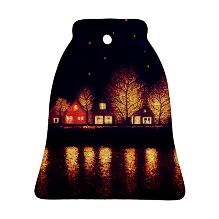 Night Houses River Bokeh Leaves Fall Autumn Bell Ornament (Two Sides)