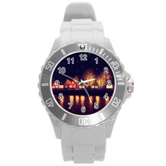 Night Houses River Bokeh Leaves Fall Autumn Round Plastic Sport Watch (l) by danenraven