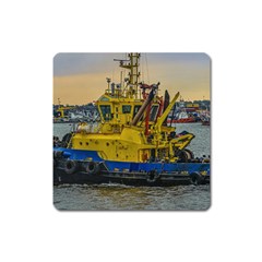 Tugboat Sailing At River, Montevideo, Uruguay Square Magnet by dflcprintsclothing