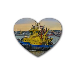 Tugboat Sailing At River, Montevideo, Uruguay Rubber Heart Coaster (4 Pack) by dflcprintsclothing