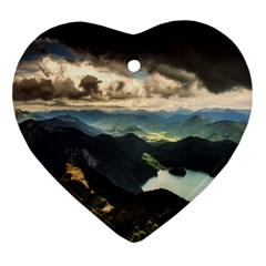 Mountains Sky Clouds Sunset Peak Overlook River Ornament (heart) by danenraven