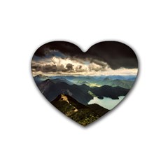 Mountains Sky Clouds Sunset Peak Overlook River Rubber Coaster (heart) by danenraven