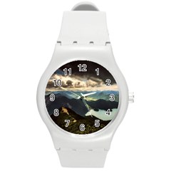 Mountains Sky Clouds Sunset Peak Overlook River Round Plastic Sport Watch (m) by danenraven