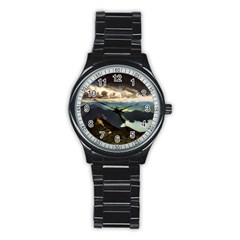 Mountains Sky Clouds Sunset Peak Overlook River Stainless Steel Round Watch