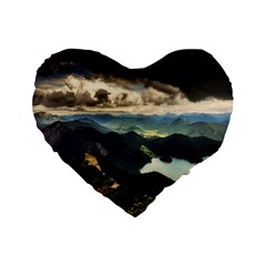 Mountains Sky Clouds Sunset Peak Overlook River Standard 16  Premium Flano Heart Shape Cushions