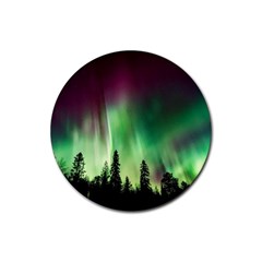 Aurora Borealis Northern Lights Forest Trees Woods Rubber Coaster (round) by danenraven