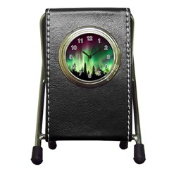 Aurora Borealis Northern Lights Forest Trees Woods Pen Holder Desk Clock