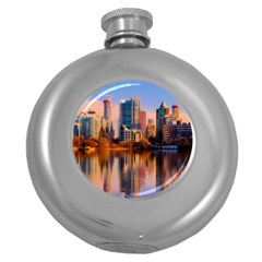 Vancouver Canada Sea Ocean Reflections Skyline Round Hip Flask (5 Oz) by danenraven