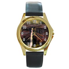 Waterfall Cascade Mountains Cliffs Northern Lights Round Gold Metal Watch