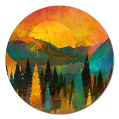 Trees Mountains Sun Sunrise Warm Red Yellow Magnet 5  (round) by danenraven