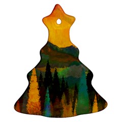 Trees Mountains Sun Sunrise Warm Red Yellow Ornament (christmas Tree)  by danenraven