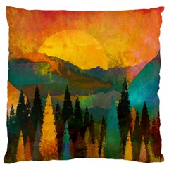 Trees Mountains Sun Sunrise Warm Red Yellow Large Flano Cushion Case (one Side) by danenraven