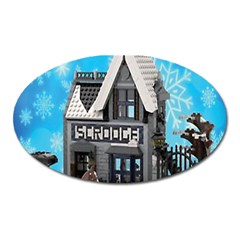 Winter Village Snow Brick Buildings Oval Magnet by artworkshop